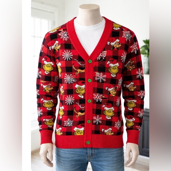 Junk Food Clothing Other - Dr. Seuss The Grinch Men’s Christmas Cardigan Buffalo Plaid Size M NWOT